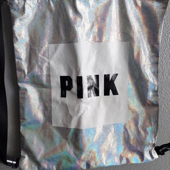 PINK Victoria Secret Iridescent Silver Holographic Drawstring Backpack Bag - Picture 2 of 4